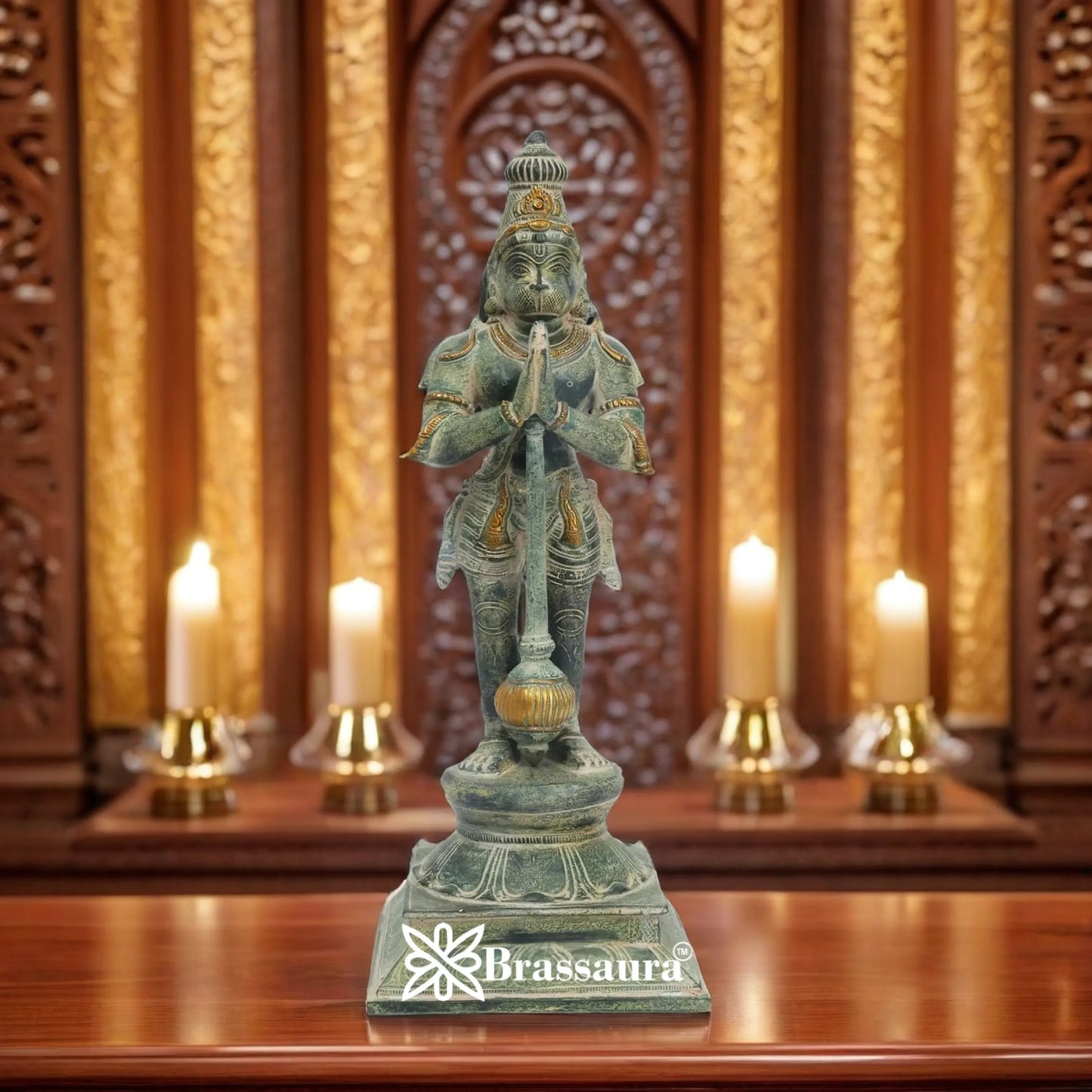 Brassaura™ Brass Hanuman Idol with Fine Detailing – Height 16 Inches & Weight 4.8 Kgs