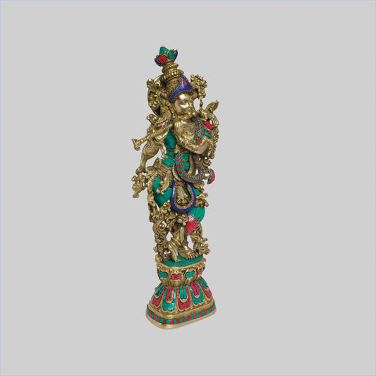 Brassaura® Standing Lord Krishna with Stonework | Premium Brass Sculpture | Height 30 Inches & Weight 16 Kgs