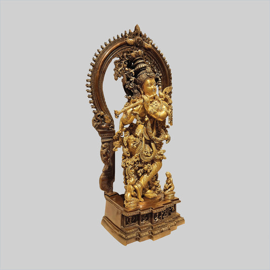 Brassaura® Lord Krishna with Prabhavali & Pedestal | Intricately Handcrafted Brass Sculpture | Height 32 Inches & Weight 33.83 Kgs