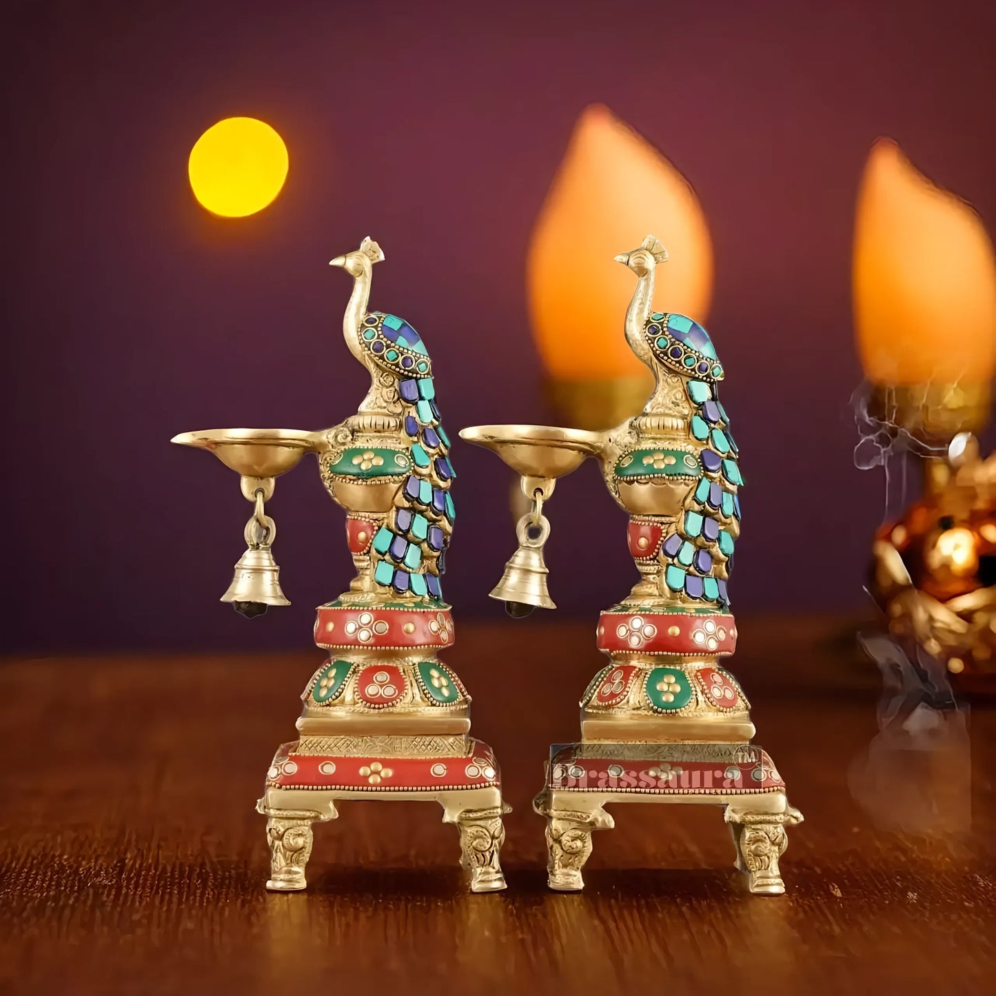 Brassaura™ Pair of Brass Peacock Diyas with Meenakari – Height 11 Inches | Traditional Brass Lamps, 4.63 Kgs