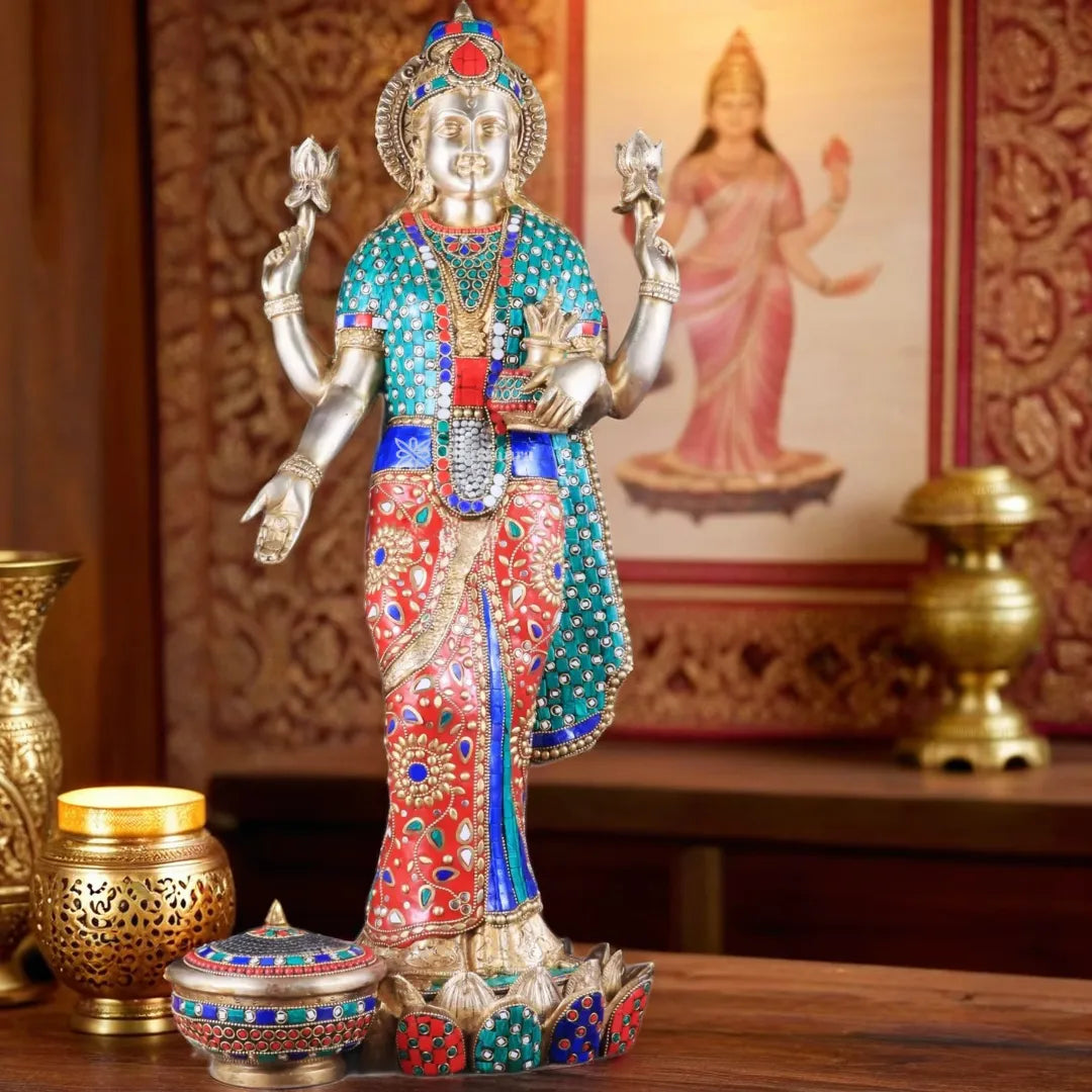 Brass Gem Stone Work Laxmi Mata for Home and Decor Height 25 Inches & Weight 17 Kgs