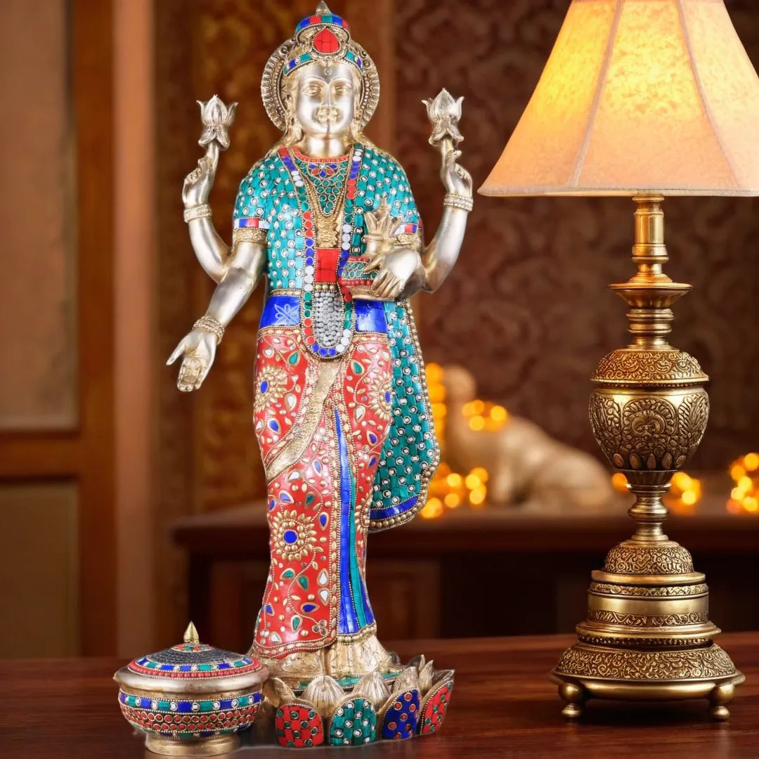 Brass Gem Stone Work Laxmi Mata for Home and Decor Height 25 Inches & Weight 17 Kgs