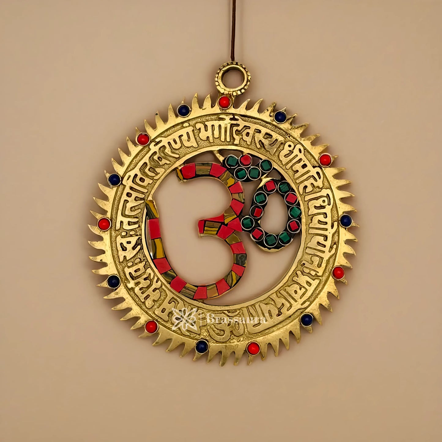 Brassaura™ Brass Gemstone Work Om Wall Hanging Idol – Height 6 Inches & Weight 0.3 Kgs | Spiritual Home Décor