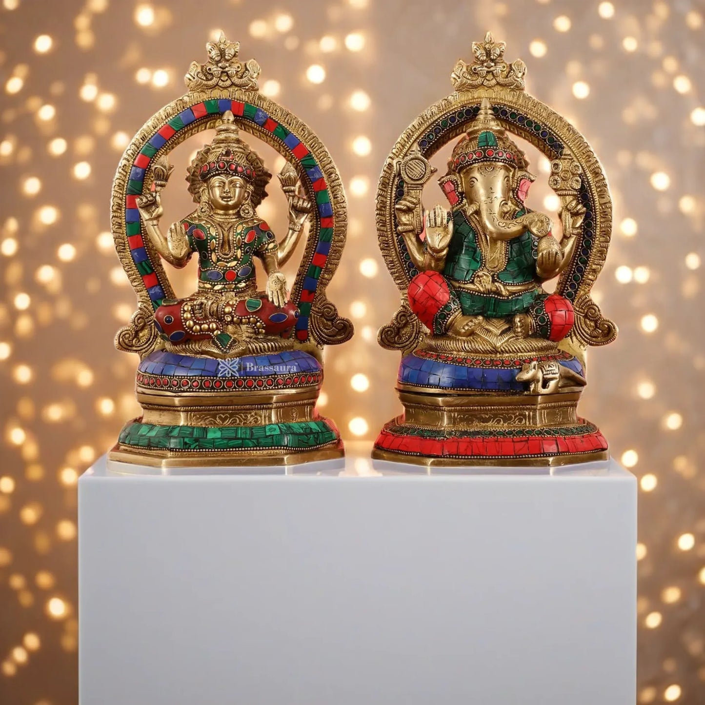Brass Gem Stone Work Lakshmi Ganesh Height 11 Inches & Weight 7 Kgs