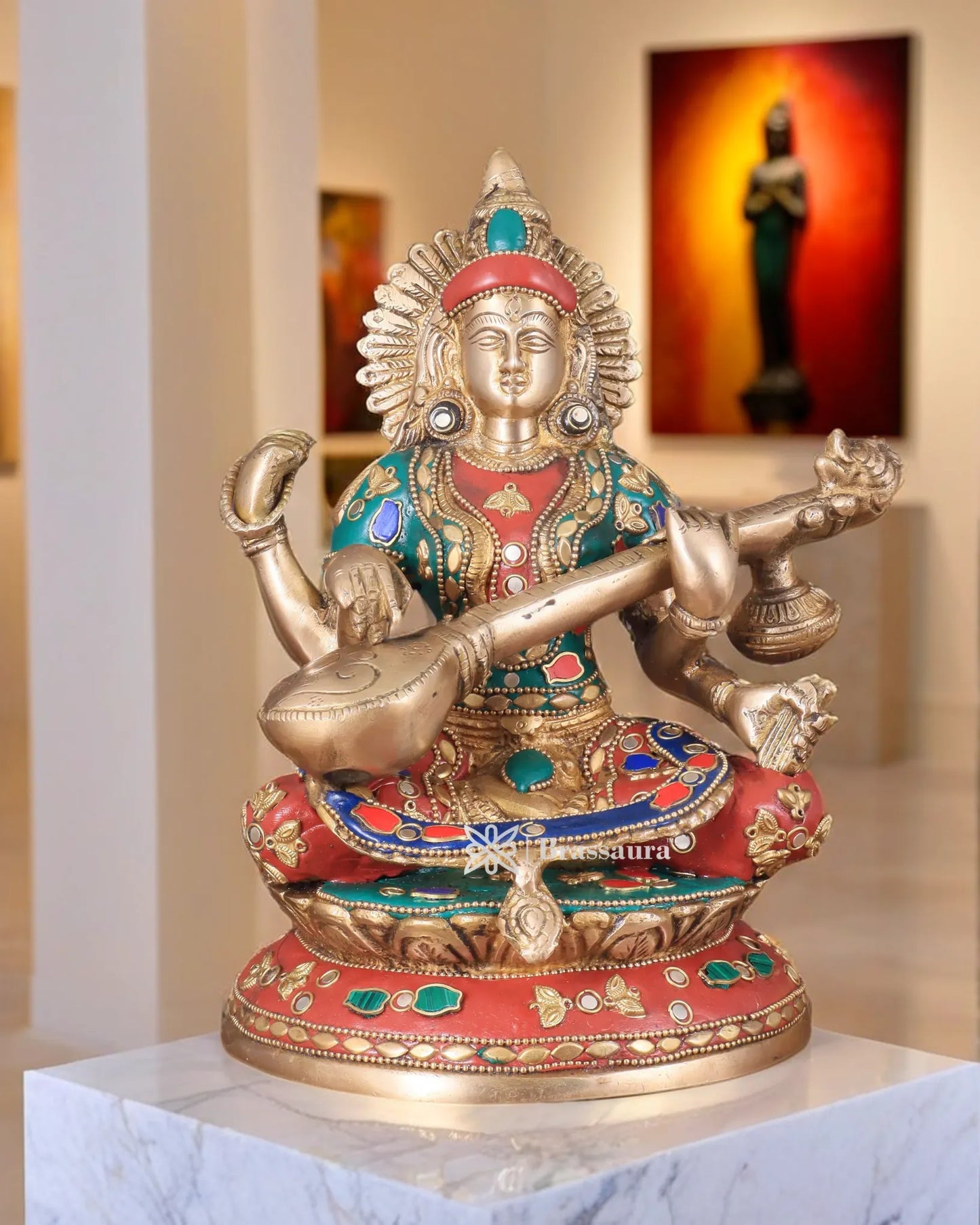 Brass Gem Stone Work Saraswati for Home and Decor Height 9 Inches & Weight 4.5 Kgs