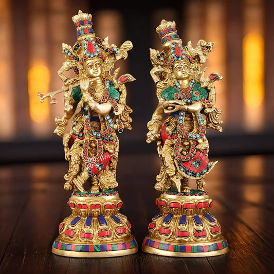 Brassaura™ Intricately Crafted Brass Radha Krishna Idols with Stonework – Height 15 Inches & Weight 10 Kgs | Divine Love Pair