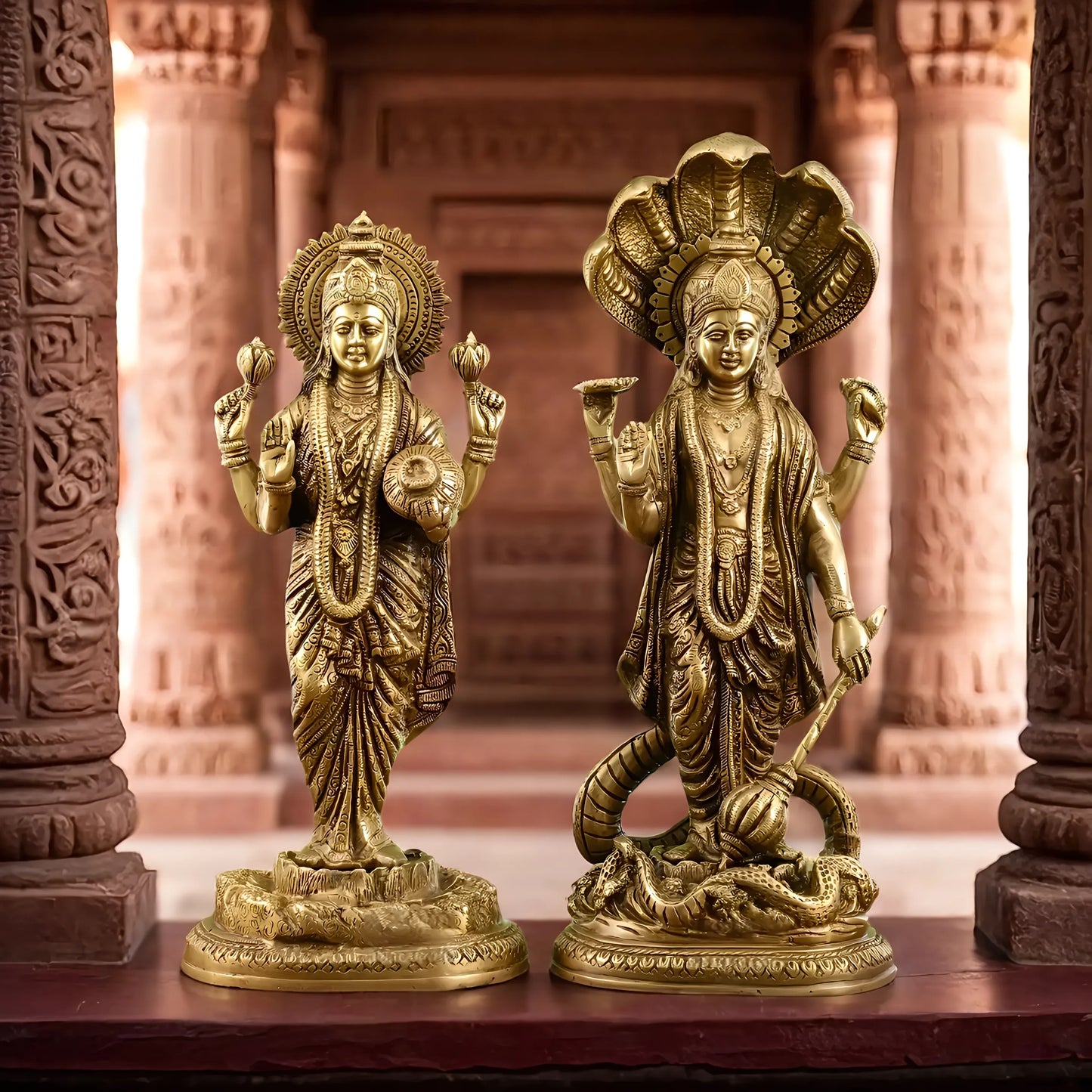 Brassaura™ Vishnu & Lakshmi Brass Idol Set – 13.79kg – 17-Inch Vishnu & 15-Inch Lakshmi – Handcrafted Statues for Wealth, Protection & Spiritual Decor