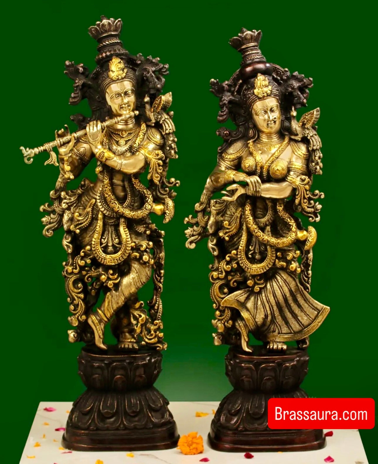Brassaura™ Radha Krishna Pair Brass Statue – Height 29/28 Inch, Weight 32 Kg | Dual-Tone Black & Golden Finish | Solid Brass Murti