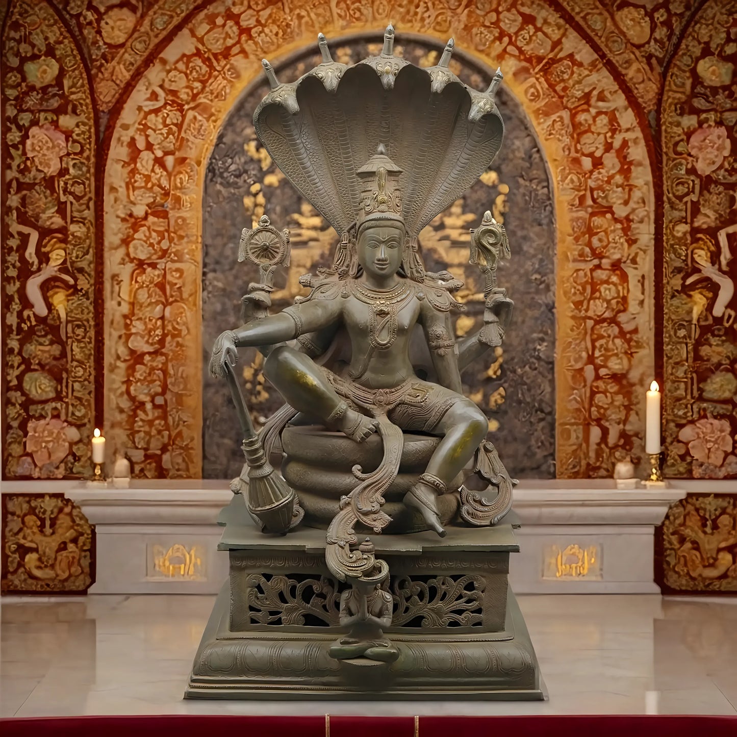Brassaura™ Antique Finish Brass Lord Vishnu Seated on Sheshanaag Statue | 29 Inches Height | 36.64 Kgs Weight | Intricately Crafted