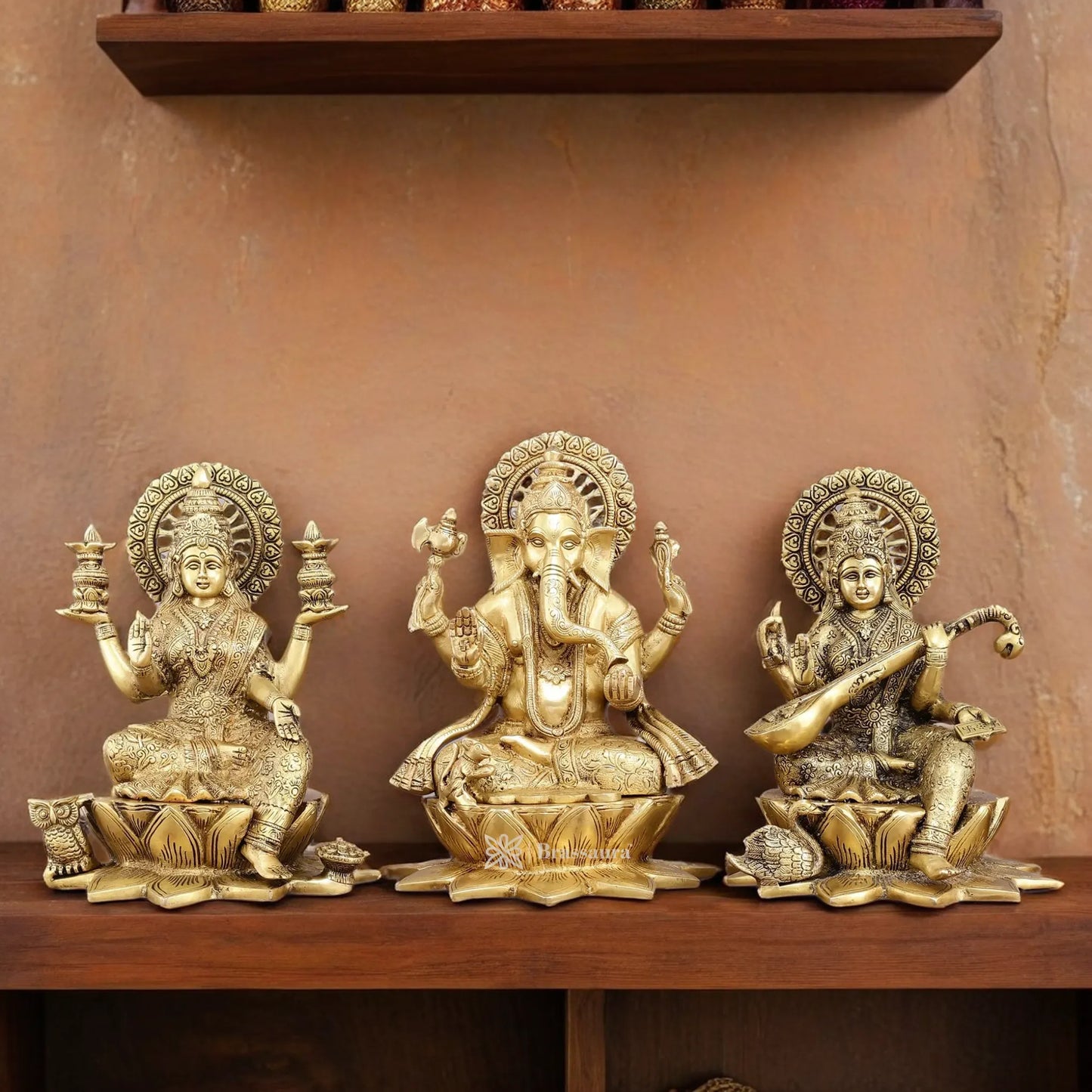 Brass Antique Laxmi Ganesha Saraswati Height 11 Inches & Weight 19 Kgs