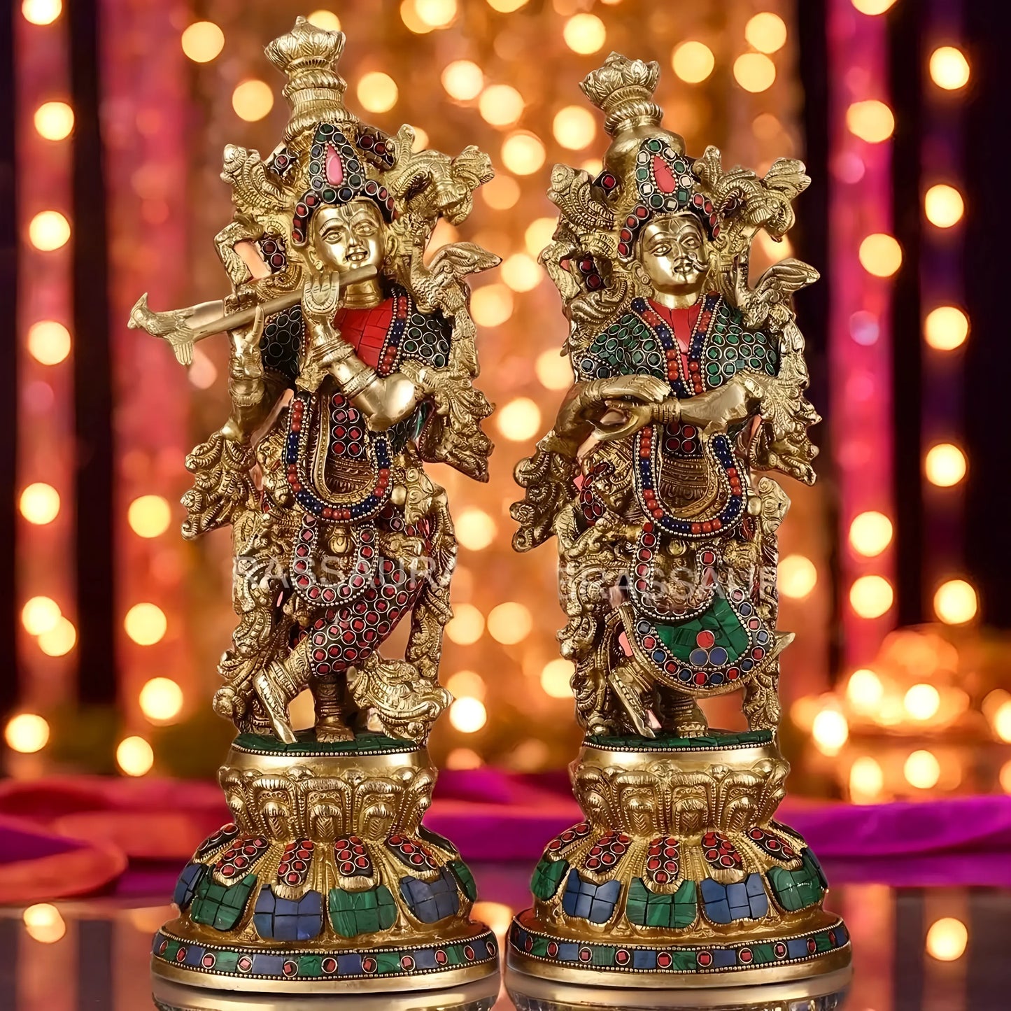 Brassaura™ Brass Radha Krishna Idol Pair with Multicolored Meenakari – Height 15 Inches & Weight 10 Kgs | Elegant Devotional Statue