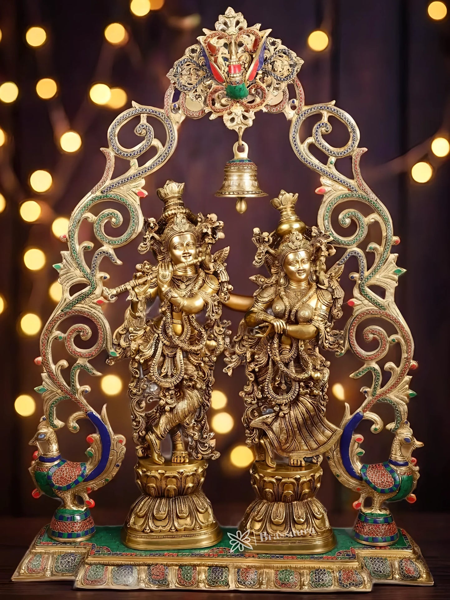 Brassaura™ Brass Radha Krishna Statues with Peacock-Inspired Temple Arch – 45" Height | 67 kg – Majestic Divine Décor