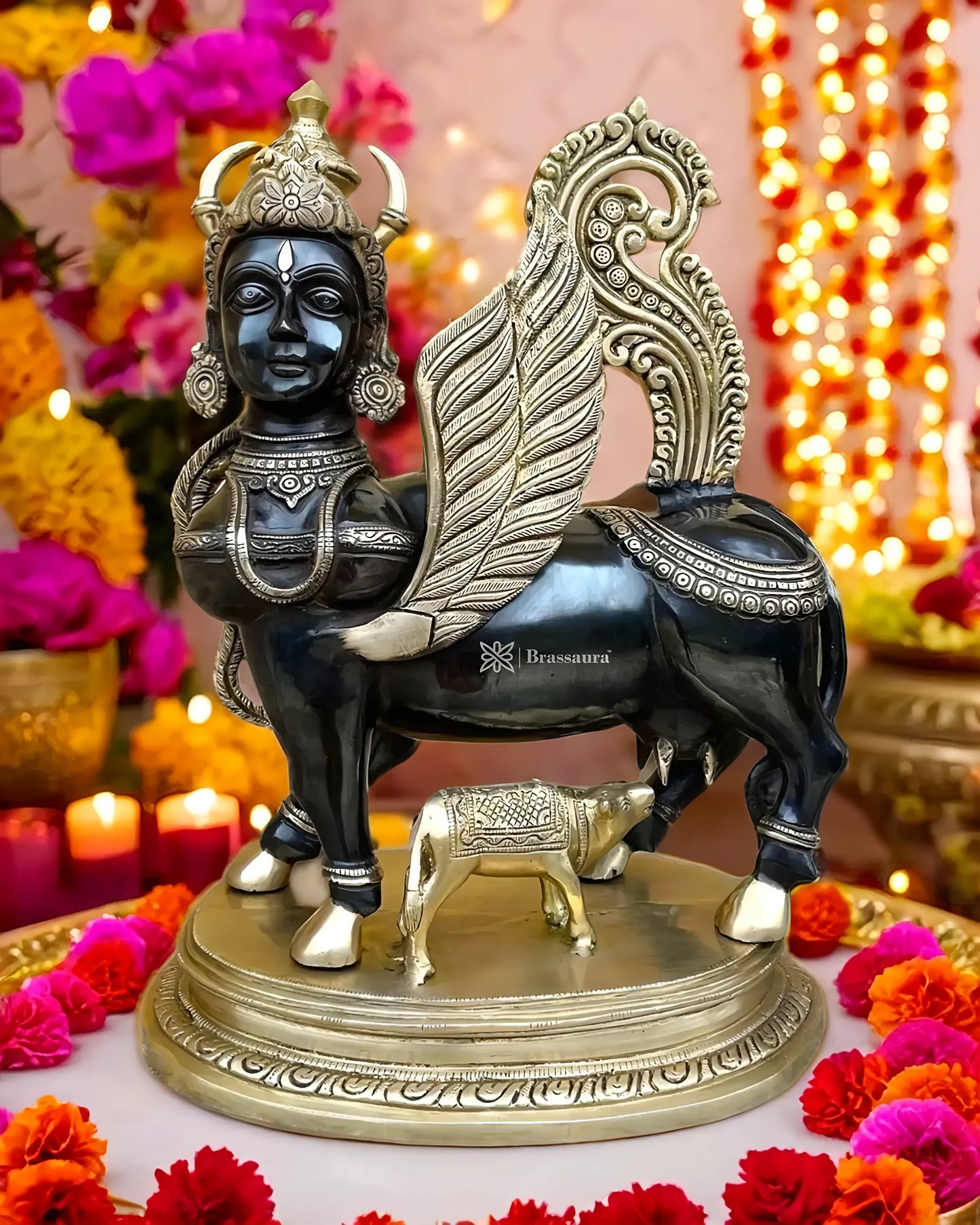 Brassaura™ Kamdhenu Cow Statue | 16.5 Inches Height | 14 Kgs Weight | Exquisite Brass Craftsmanship
