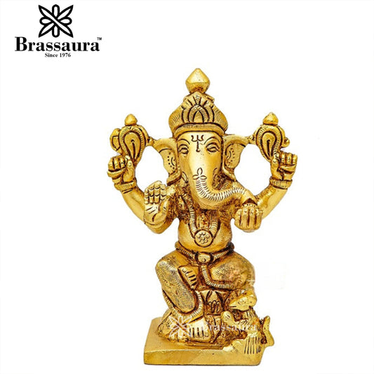 Brassaura™ Brass Ganesha Statue for Home and Decor | Weight 0.7 Kgs | Height 5 Inches