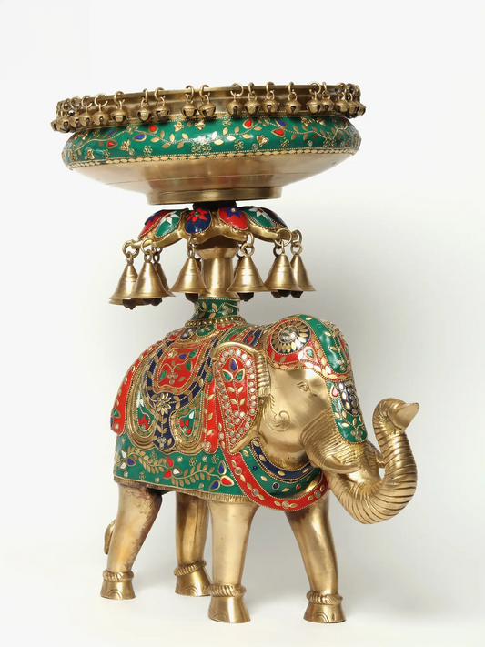 Brassaura® Royal Elephant Brass Urli with Inlay Work & Hanging Bells | Pure Brass | Height 20.7 Inches & Weight 18.35 kgs
