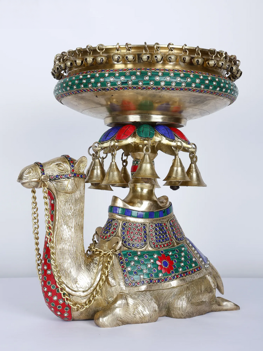 Brassaura® Royal Camel Brass Urli with Multicolor Inlay Work & Hanging Bells | Pure Brass | Height 16 Inches & Weight 15.75 kgs