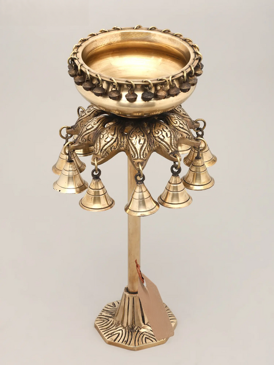 Brassaura® Brass Urli Bowl with Hanging Bells Stand (Set of 2) | Pure Brass | Height 16 Inches & Weight 8.06 kgs