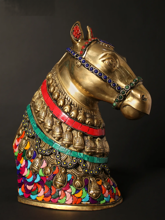 Brassaura® Decorative Brass Horse Bust with Inlay Work | Pure Brass | Height 10.4 Inches & Weight 4.25 kgs