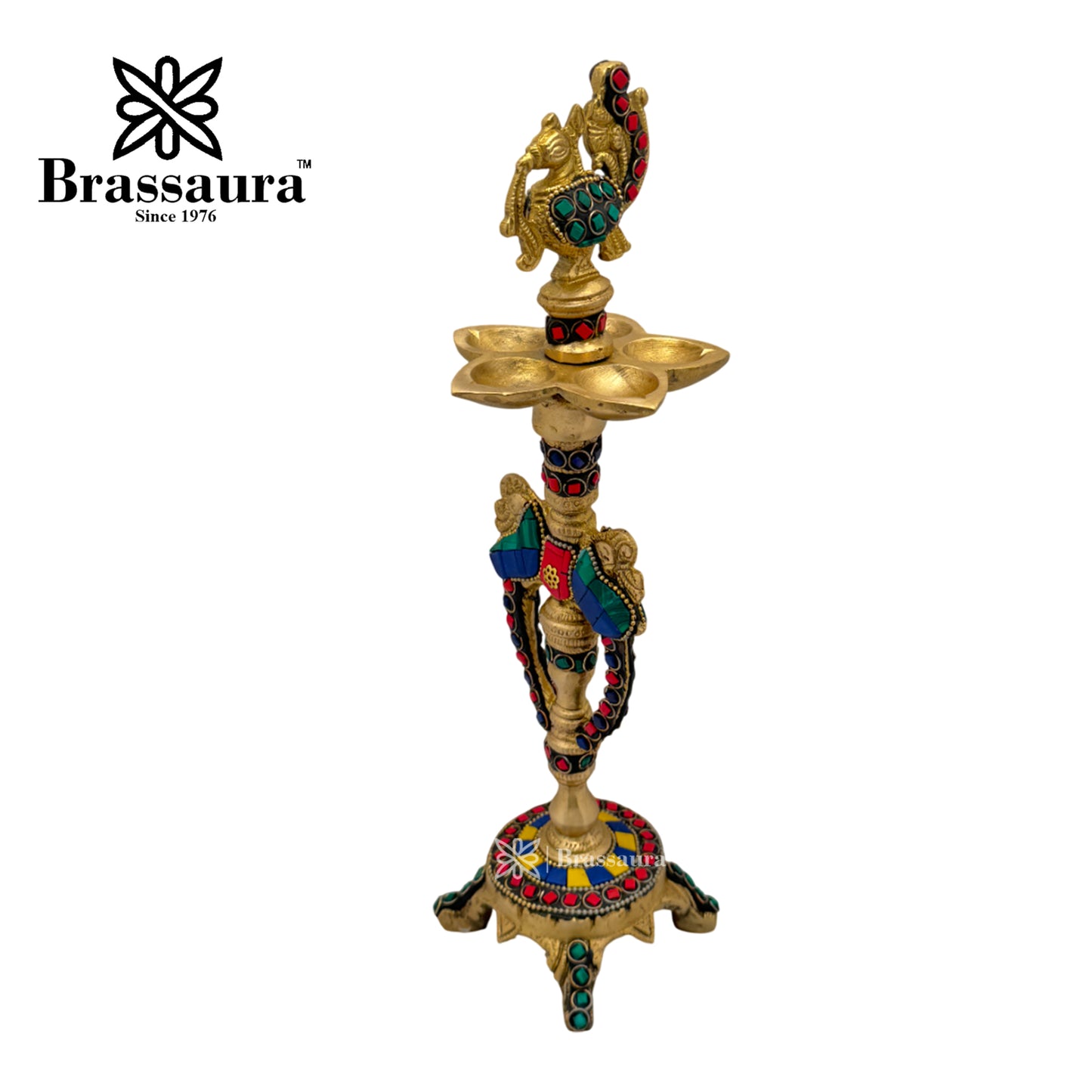 Brass Gem Stone Work Diya Idol for Home and Decor Weight 1.2 Kg Height 11.8 inch
