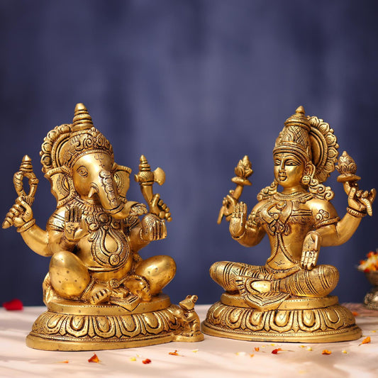 BRASS GANESHA LAXMI IDOL 11 INCHES BEAUTIFUL HOME DECOR STATUE