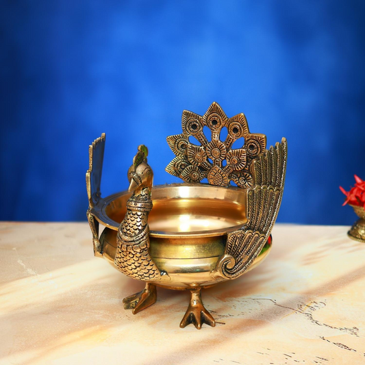 ANTIQUE BRASS URLI WITH PEACOCK 8.5 INCH BEAUTIFUL AND DECORATIVE ART STATUE