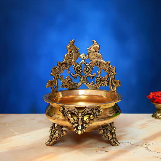 ANTIQUE BRASS URLI WITH PARROT 10 INCH BEAUTIFUL AND DECORATIVE ART STATUE