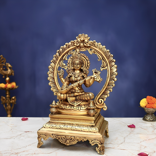 BRASS SARASWATI IDOL 13 INCH GRACEFUL AND BEAUTIFUL DECORATIVE MURTI STATUE