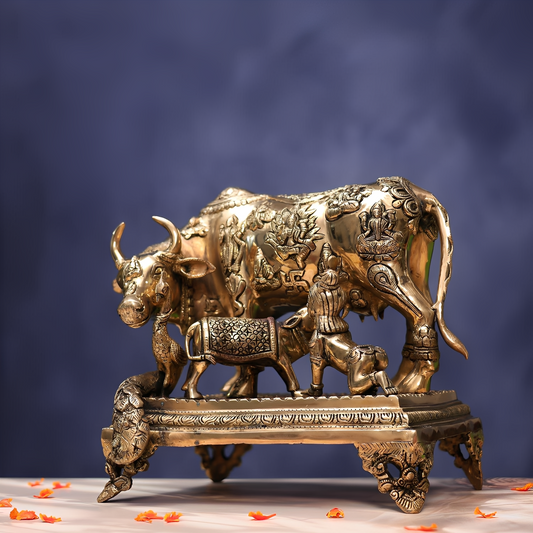 ANTIQUE BRASS KAMADHENU COW WITH KRISHNA IDOL 12 INCHES HEIGHT