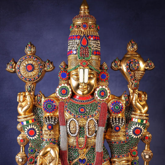 Brassaura® Venkateswara Swamy Standing Idol with Colourful Stone Finish | Pure Superfine Brass Handcrafted Murti | Brass Statue for Home Temple, Pooja Room | Height 48 Inches | Weight 49 Kgs