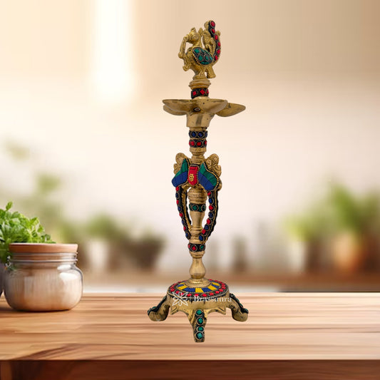 Brass Gem Stone Work Diya Idol for Home and Decor Weight 1.2 Kg Height 11.8 inch