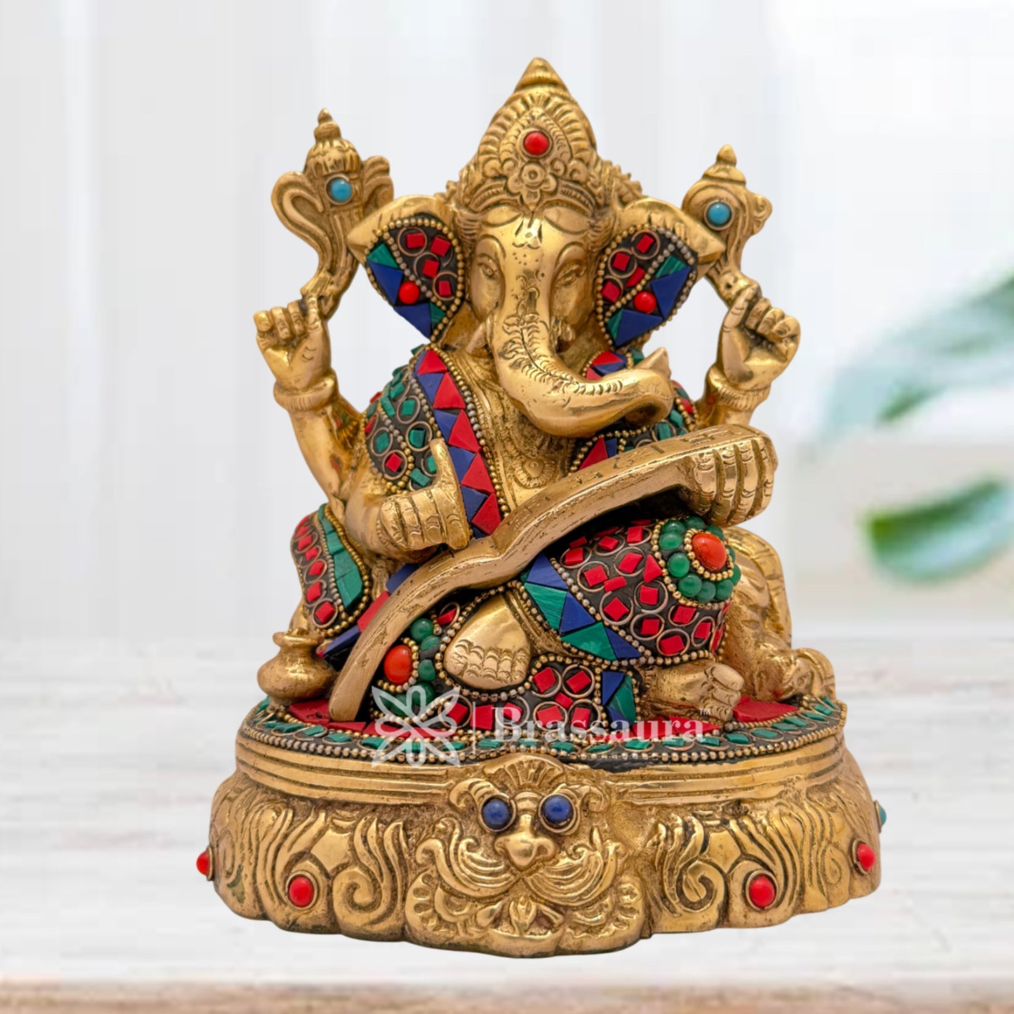 Brassaura™ Brass Gem Stone Work Ganesh Mahabharat Idol for Home and Decor | Weight 3 Kgs | Height 7.48 Inches