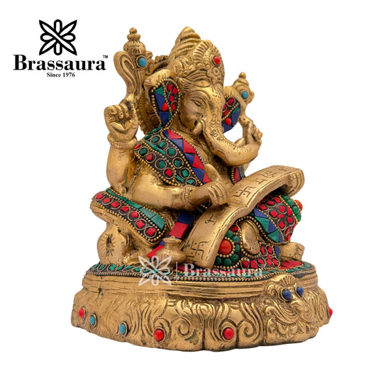 Brassaura™ Brass Gem Stone Work Ganesh Mahabharat Idol for Home and Decor | Weight 3 Kgs | Height 7.48 Inches