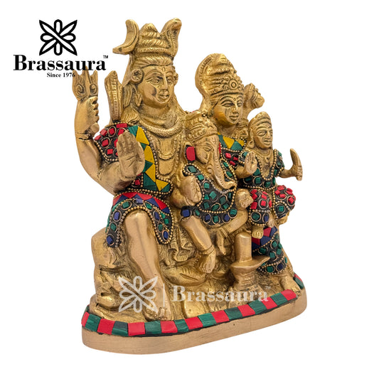 Brassaura® Brass Shiv Parivaar Statue with Antique Golden Brass Finish & Colorful Gemstone Inlay Work | Pure Superfine Brass Handcrafted Murti | Brass Statue for Home Temple, Pooja Room | Height 8 Inches | Weight 3.3 Kgs