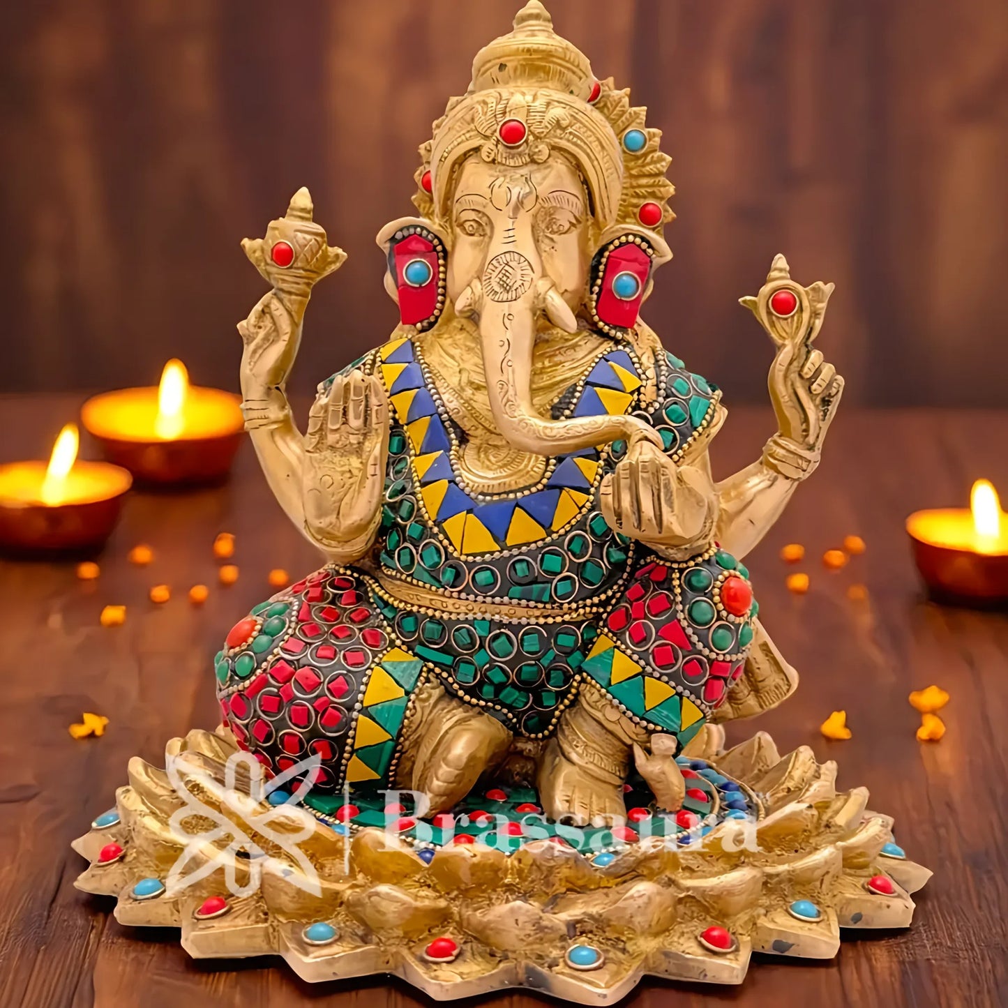Brassaura™ Brass Gem Stone Work Lotus Ganesha Idol for Home and Decor | Weight 4.2 Kgs | Height 7.9 Inches