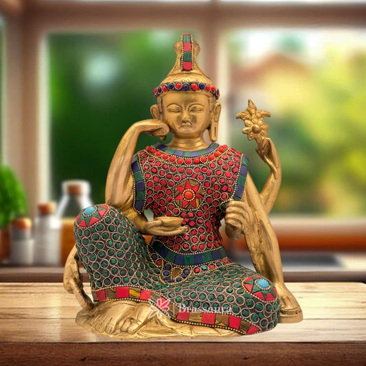 Brassaura® Brass Gem Stone Work Buddha Stand Idol for Home Decor | Pure Superfine Brass Handcrafted Murti | Brass Statue for Home Temple, Pooja Room | Height 9.84 Inches | Weight 4.3 Kg