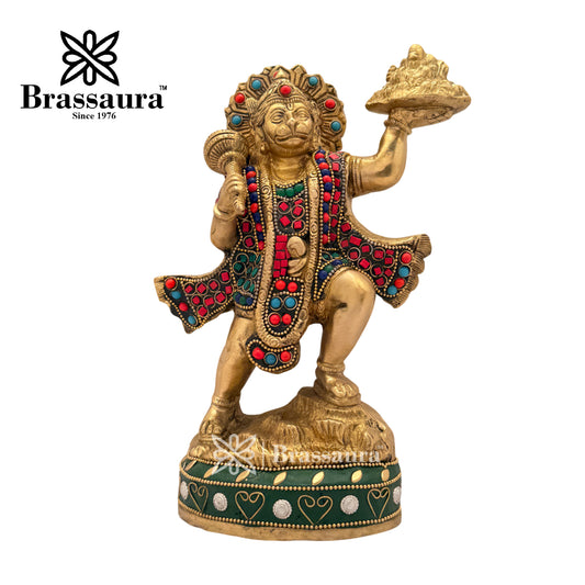 Brassaura™ Brass Gem Stone Work Mountain Hanuman Idol - Heights 9.6 Inches & Weight 2.7 Kgs | Temple & Festive Use