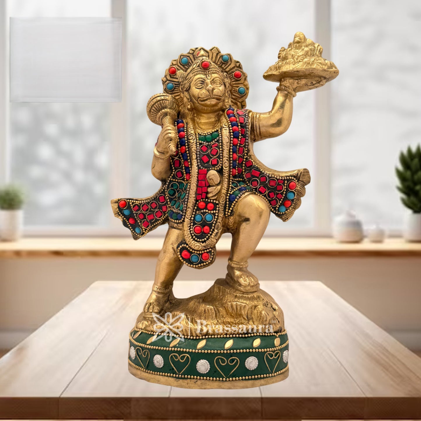 Brassaura™ Brass Gem Stone Work Mountain Hanuman Idol - Heights 9.6 Inches & Weight 2.7 Kgs | Temple & Festive Use