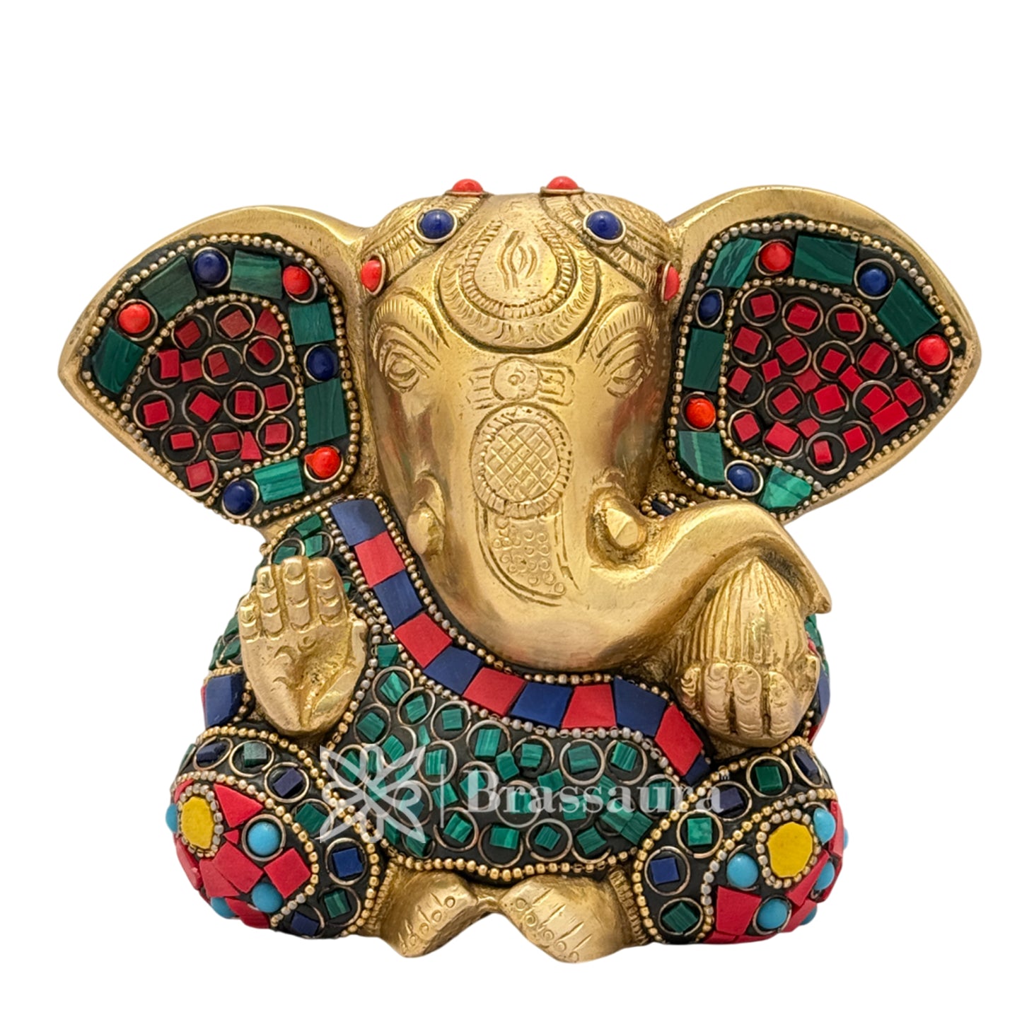 Brassaura™ Brass Gem Stone Work Ganesha Idol for Home and Decor | Weight 1.6 Kgs | Height 4.7 Inches