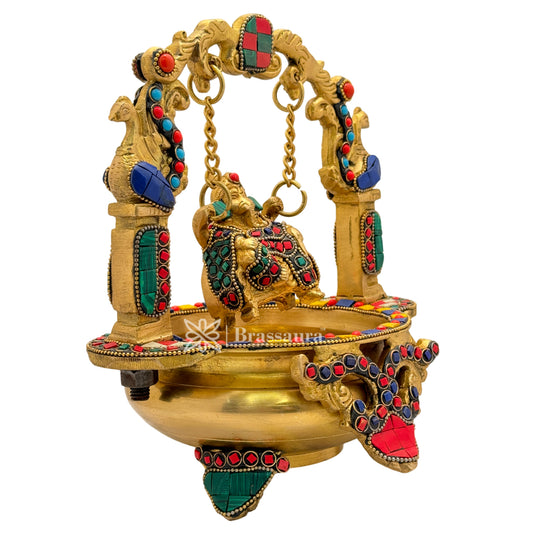 Brassaura® Ganesha Jhula Brass Urli with Antique Golden Brass Finish with Gem Stone Work | Pure Superfine Brass Handcrafted Murti | Brass Statue for Home Temple, Pooja Room | Height 9.5 Inches | Weight 2.6 Kgs
