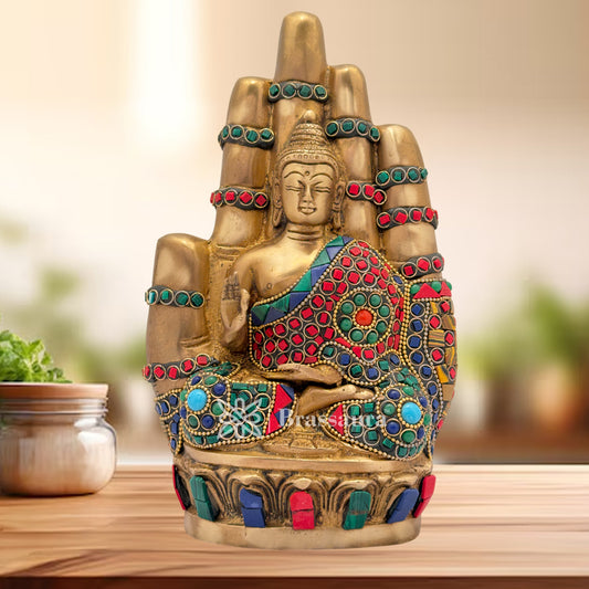 Brassaura® Brass Gem Stone Work Blessing Buddha Idol for Home Decor | Pure Superfine Brass Handcrafted Murti | Brass Statue for Home Temple, Pooja Room | Height 9.45 Inches | Weight 2.6 Kg