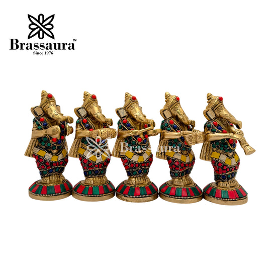 Brassaura™ Brass Work Instrumental Ganesha Idol for Home and Decor | Brass Ganesha Barat Statue  | Weight 3.3 Kgs | Height 5.1 Inches