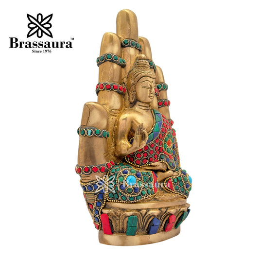 Brassaura® Brass Gem Stone Work Blessing Buddha Idol for Home Decor | Pure Superfine Brass Handcrafted Murti | Brass Statue for Home Temple, Pooja Room | Height 9.45 Inches | Weight 2.6 Kg