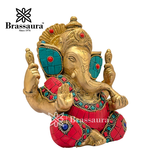 Brassaura™ Brass Beautiful Gem Stone Work Ganesha Idol for Home and Decor | Weight 1.6 Kgs | Height 5.5 Inches