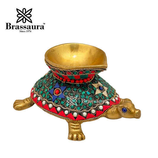 Brassaura® Brass Turtle Diya with Gem Stone Work | Handcrafted Decorative Oil Lamp | Height 3.1 Inches & Weight 1.4 Kgs