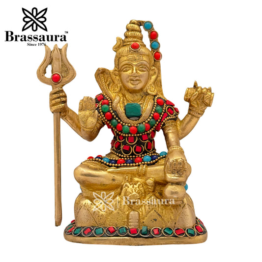 Brassaura™ Brass Gemstone Work Lord Shiva Statue – Height 5.6 Inches & Weight 1.1 Kgs | Spiritual Gifting
