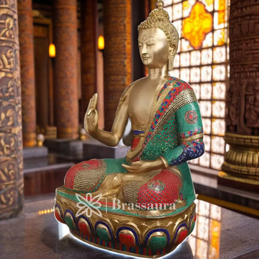 Brass Gem Stone Work Standing Buddha Weight 41.56 Kg Height 34 Inch