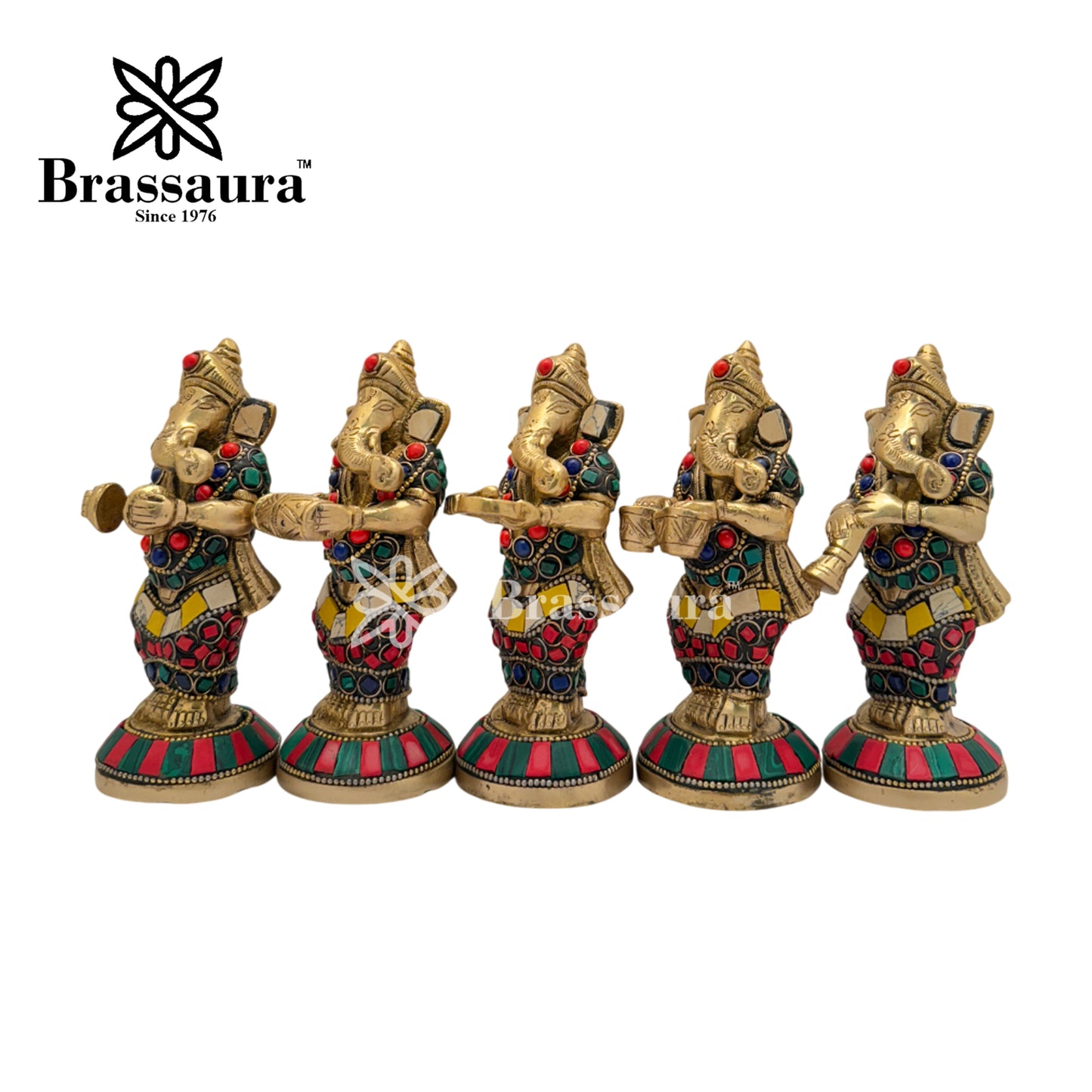 Brassaura™ Brass Work Instrumental Ganesha Idol for Home and Decor | Brass Ganesha Barat Statue  | Weight 3.3 Kgs | Height 5.1 Inches