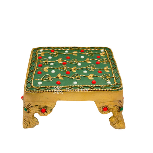 Brassaura™ Brass Gem Stone Work Chowki Idol – Height 2.4 Inches & Weight 1.1 Kgs | Home Temple & Spiritual Décor