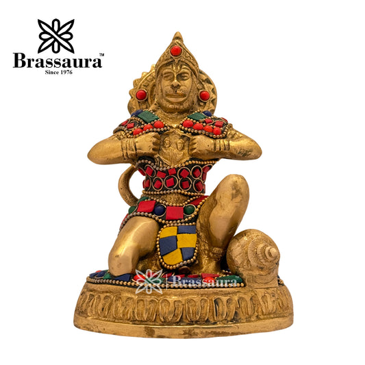 Brassaura™ Brass Hanuman Murti with Gem Stone Work – Height 5.6 Inches & Weight 1.1 Kgs | Temple & Festive Use