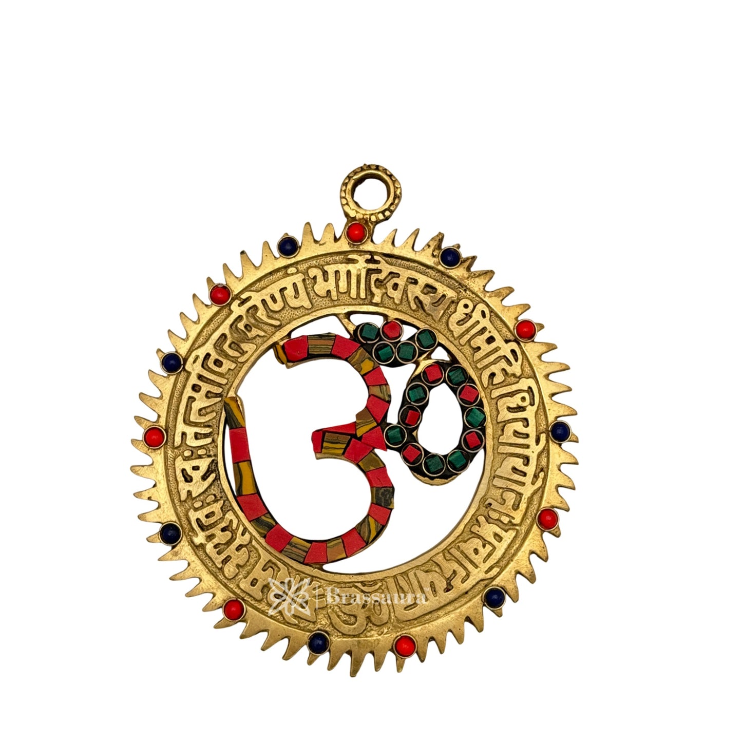 Brassaura™ Brass Gemstone Work Om Wall Hanging Idol – Height 6 Inches & Weight 0.3 Kgs | Spiritual Home Décor